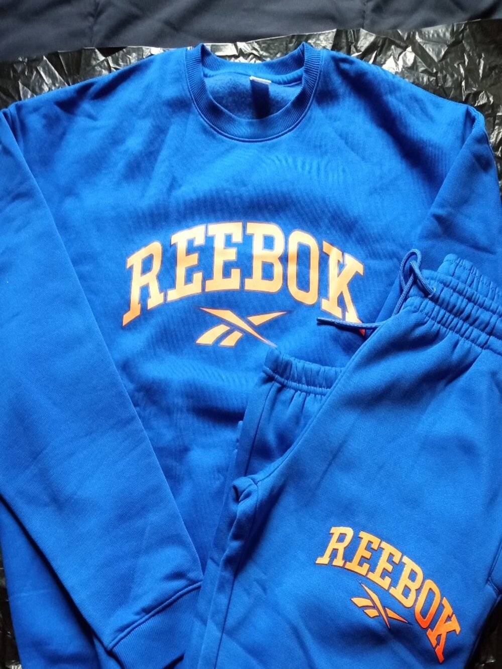 Reebok Varsity Crewneck Sweat Suit/Jogger Set Blue/Orange Mens Small